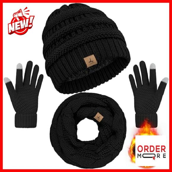 Warm Fleece Knit Beanie Scarf Gloves Set Touch Screen Winter Accessories main image 7